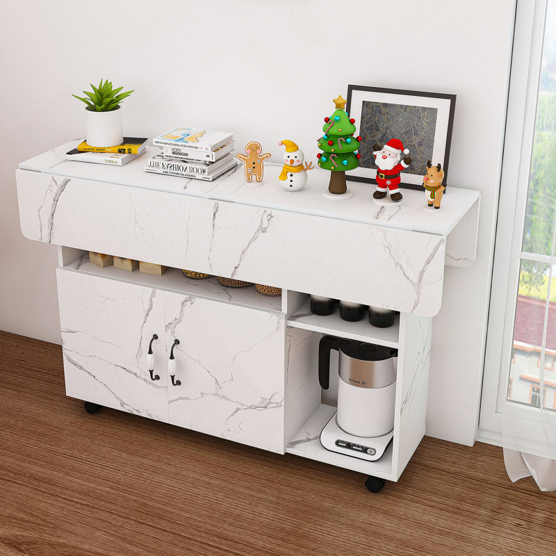 Multi-Functional Folding Table With Storage Shelves And Wheels, 47 Inch Foldable Dining Table For Small Spaces, Compact Desk For Kitchen, Dorm, Office(White)