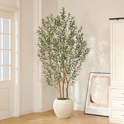 Adcock 8ft Artificial Olive Tree with White Tall Planter, Faux Olive Tree with Natural Trunk