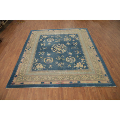 Tapis art déco chinois pré-1900 à teinture végétale antique 9 x 10