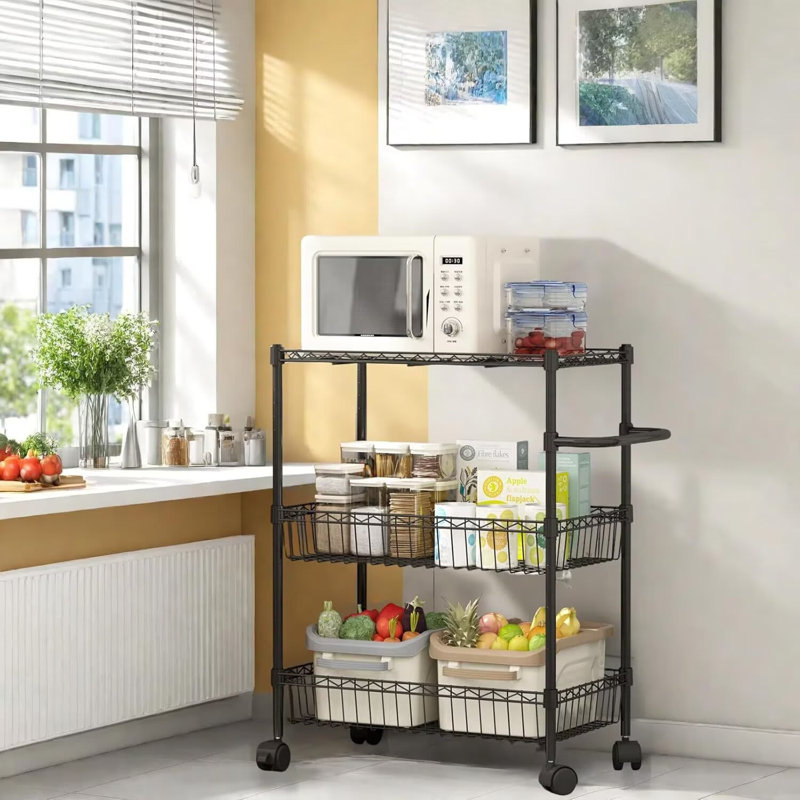 Chariot de cuisine en métal à 3 niveaux avec paniers, poignées et roulettes pour la cuisine, la salle de bain et le bureau (noir)