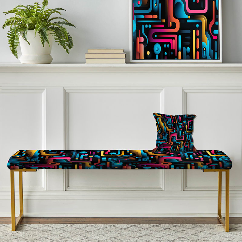 Geometric Upholstered Gold Bench, Neon Futuristic Lined Mirage
