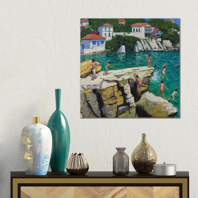 Jumping Into The Sea, Plates, Skiathos by Andrew Macara - Wrapped Canvas Painting, 45.72 cm H x 45.72 cm W x 1.91 cm D