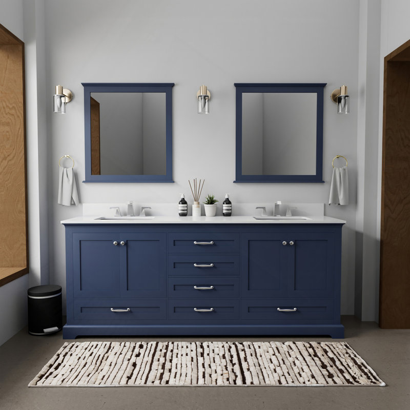 Ensemble de meuble-lavabo double 80 po X P 22 po D, comptoir en quartz blanc, ensemble de robinet et Miroirs, Marine