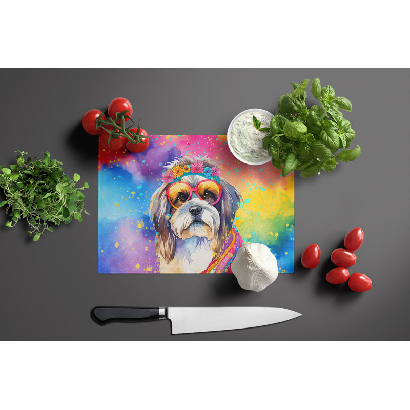 Shih Tzu Hippie Dawg Glass Cutting Board Large