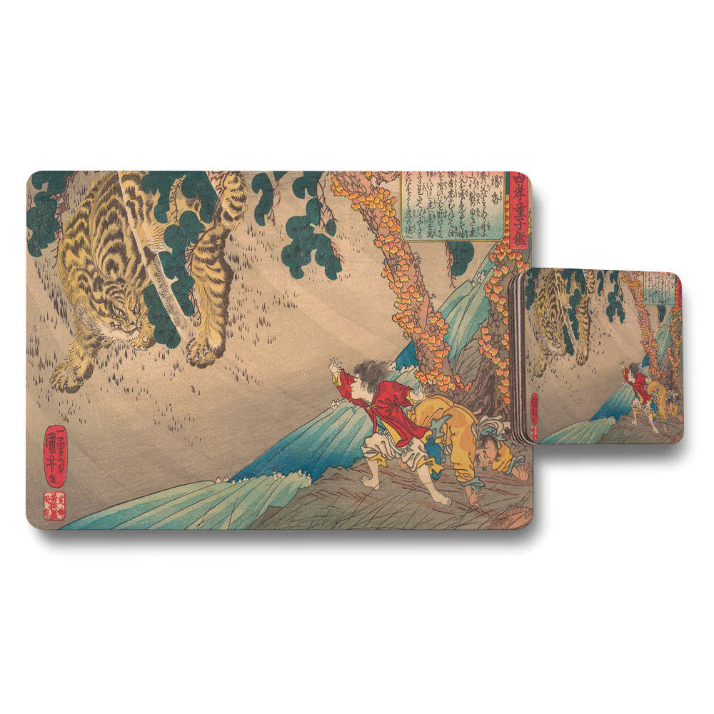 Ukiyo E Tiger And Boy Placemats And Coasters Set For Dining