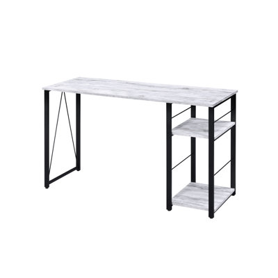 Writing Desk With 2 Tier Shelf In Classic Antique White & Black And Solid Metal Open Base