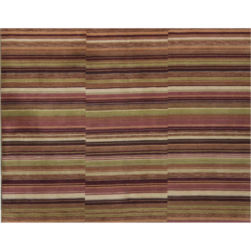 Gabbeh Wool Striped Area Rug in Orange/Dark Brown/Green/Beige, Rectangle 7'7" x 10'1"