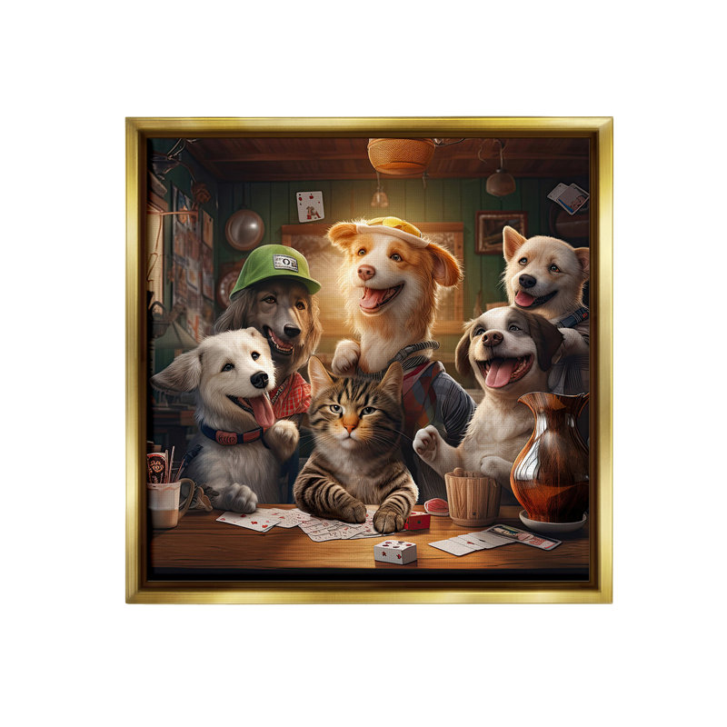 "Animaux jouant aux jeux de cartes avec cadre flottant" par Jim Baldwin sur toile, Cadre flottant métallique doré