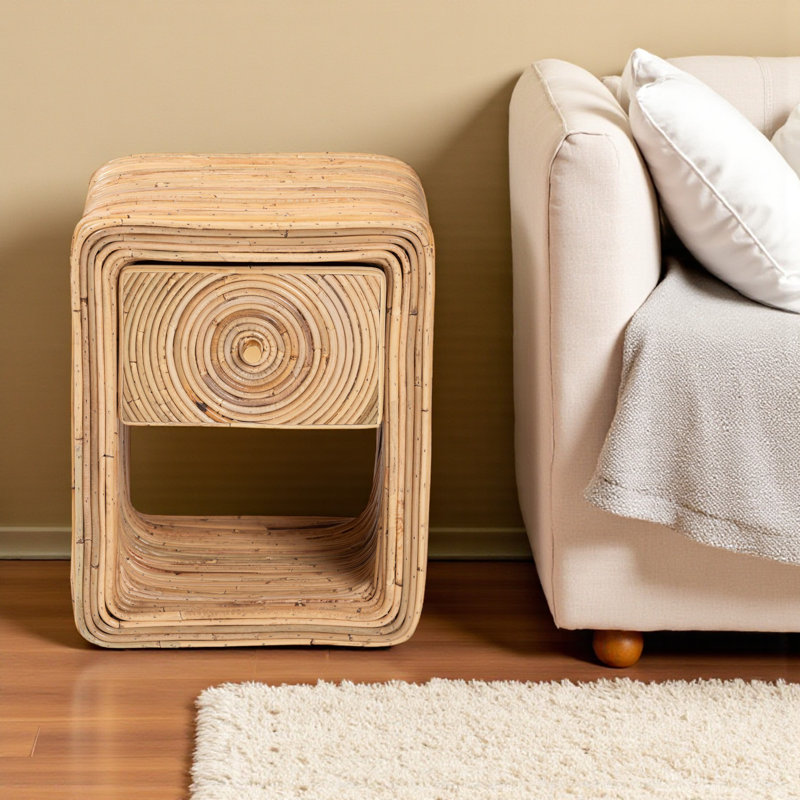 Kaya 1-Drawer & 1-Shelf Natural Rattan Nightstand In Bohemian Style, 17.04" H X 13.89" W X 14" D