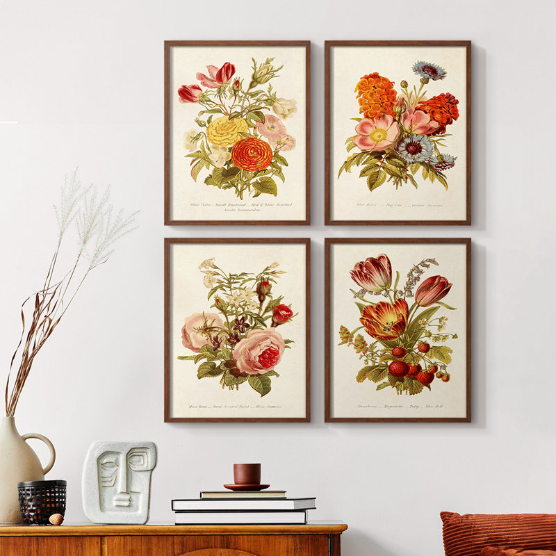 «Antique Floral Bouquet I», ensemble de 4, Noyer, H 28 po x l 22 po