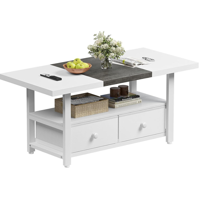2-Tier Coffee Table With Storage Shelf And 2 Drawers, 46'' Rectangular Centre Table Wood Top For Living Room Reception Room, Metal Frame, Easy Assembly, Oak