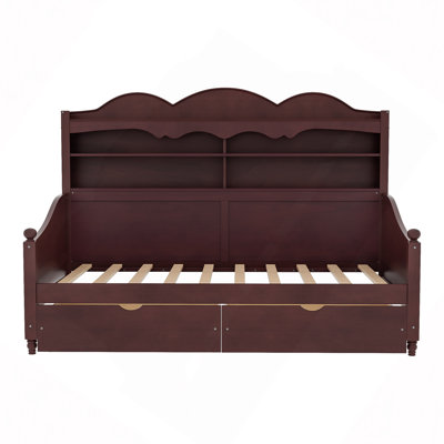 Daybed With Storage Drawers, Wooden Day Bed With Storage Headboard Shelving, Retro Style Daybed For Bedroom,Living Room,Guest Room,No Box Spring Needed, Easy Assembly