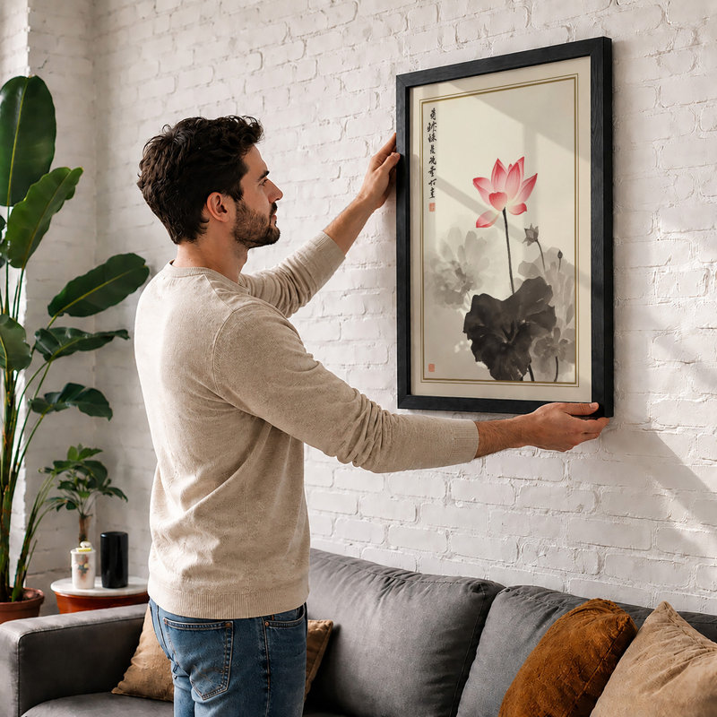 Lotus in Bloom Japandi - Framed Print, A4 - 29.7 x 21.0 cm, Black