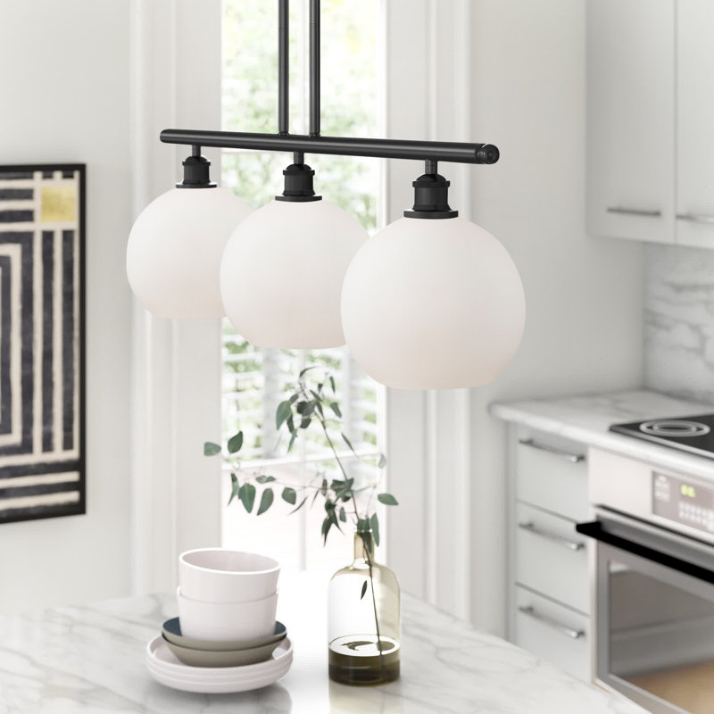 Luminaire suspendu linéaire à 3 lumières pour îlot de cuisine Baptista, Ampoule non incluse, Bronze huilé, Blanc mat à bulles