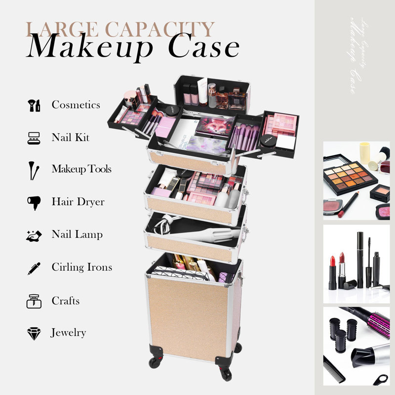 Stylish Rolling Makeup Case With Wheels, 5-In-1 Transformable Cosmetic Trolley With Crystals