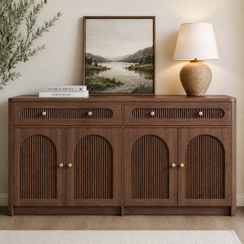 Buffet moderne à cannelures avec 2 tiroirs et étagères réglables, meuble de rangement à 4 portes cintrées, dosseret de cuisine, salon, entrée