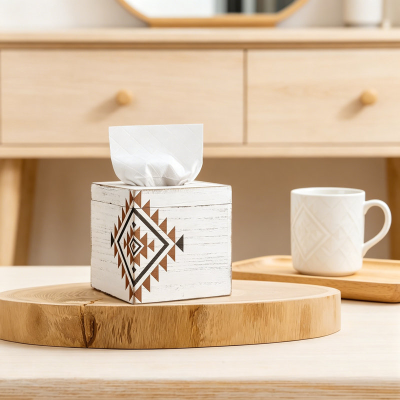Couvercle de boîte à mouchoirs en bois de style sud-ouest avec motif aztèque, style cube mexicain rétro pour décoration intérieure, salle de bain et salon