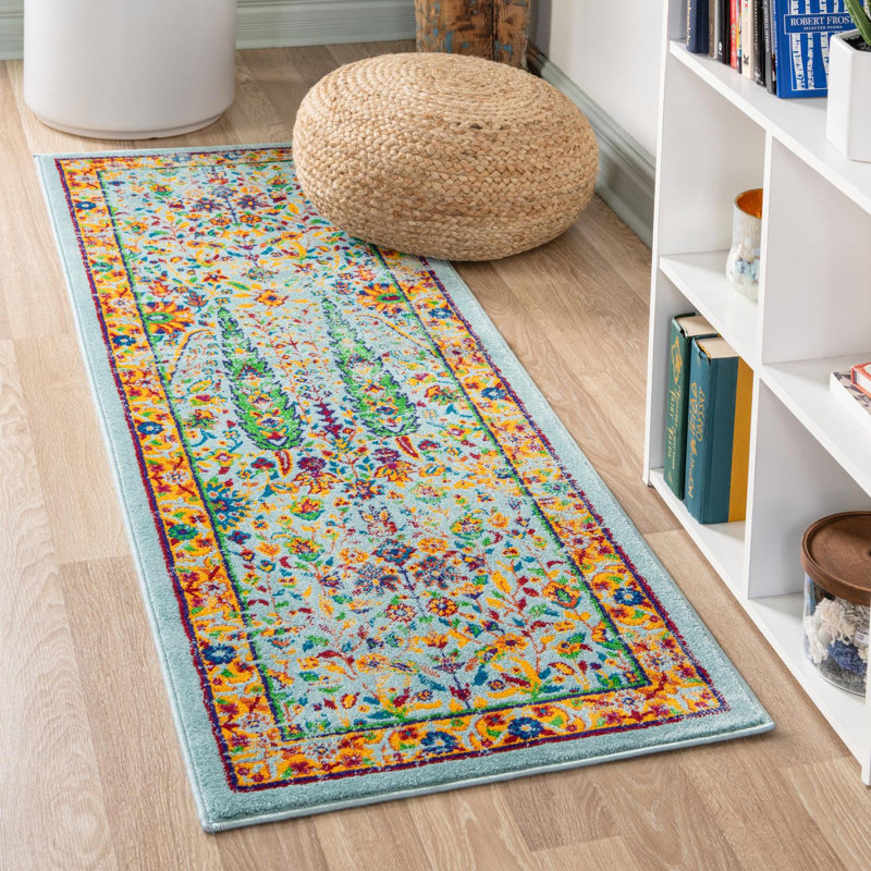 Tapis rond en polypropylène tissé à la machine à motif floral turquoise / bleu / orange, Tapis de couloir 2 pi 7 po x 12 pi