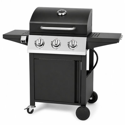 3-Burner Propane Gas Grill With Folding Side Shelves, 30,000 BTU Outdoor BBQ Grill, Porcelain-Enameled Cast Iron Grates, Built-In Thermometer, Lockable Wheels