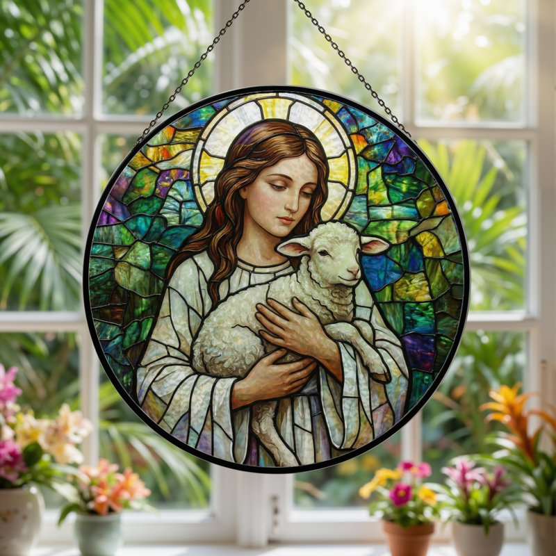 Panneau de vitrail Saint and Lamb ， 7,8H, H 7,8 po