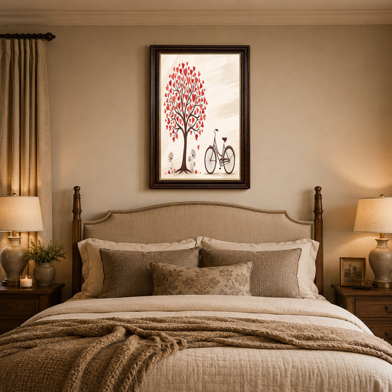 Art mural sur toile, "Red Heart Tree" et bicyclette rétro, H 16 po x l 24 po