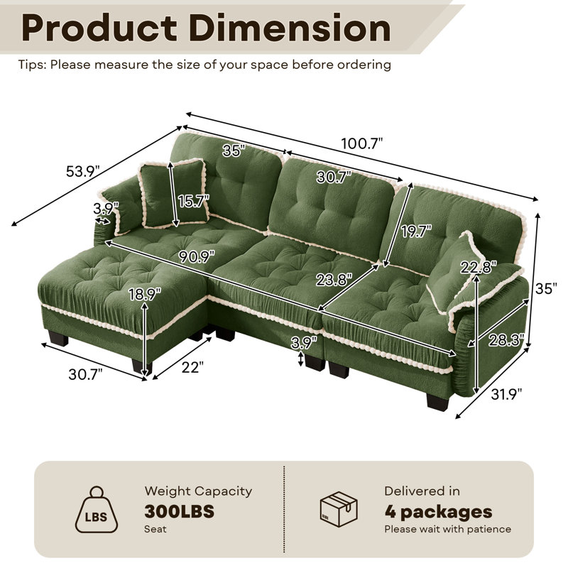 Canapé modulaire en L avec repose-pieds et repose-pieds Chenille, Green Chenille, 35" H x 100" W x 32" D