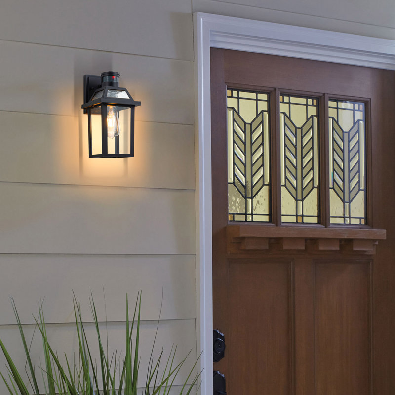 11.75in Matte Black Motion Sensor Outdoor Wall Sconce,dusk To Dawn Porch Light With E26 Base Socket