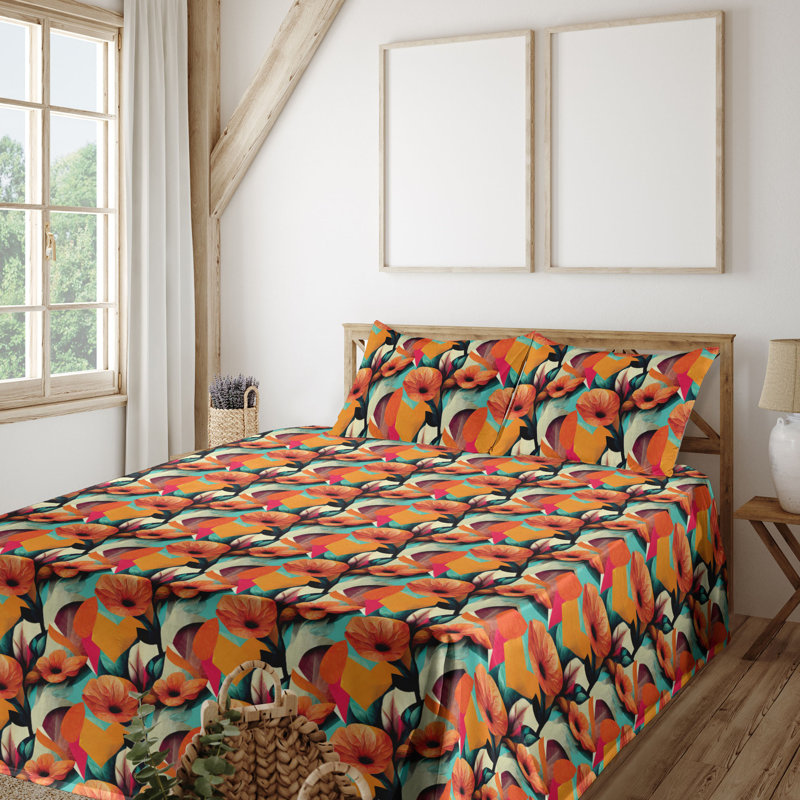 Ambesonne Floral Sheet Set Pattern of Realistic Flowers Marigold Ivory and Aqua, Queen Sheet Set with 2 Pillowcases