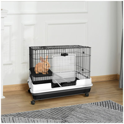Cage à lapin à 2 niveaux avec roulettes, plateau amovible, plateforme et rampe pour lapin, chinchillas, furet, noir