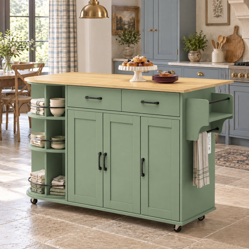Îlot de cuisine moderne de style ferme avec abattant et rangement pivotant, équipé de prises électriques pour la cuisine et la salle à manger.
