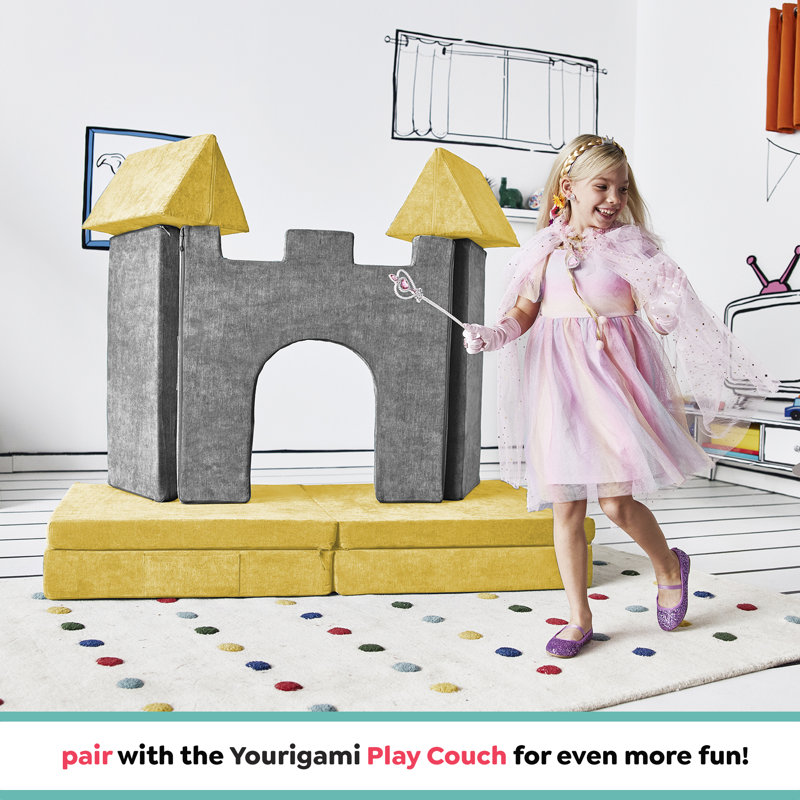 Yourigami Kids and Toddler Play Couch, Convertible Folding Sofa, Durable Foam Modular Design, Yellow