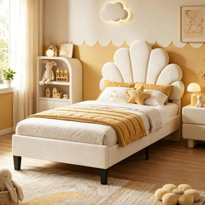 3ft Single Bed, Upholstered Bed with Adjustable Petal Headboard, Child's Girl's Bed