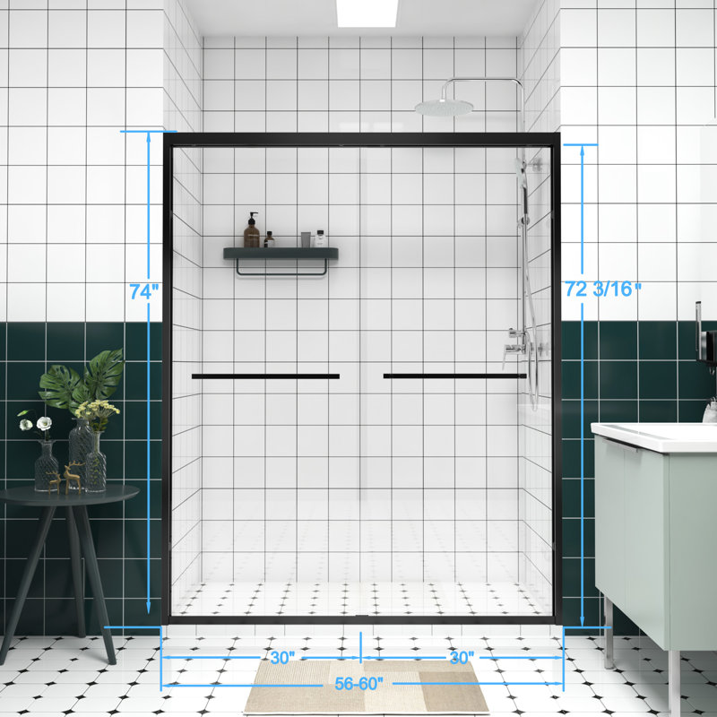 60" Adjustable Width Double Sliding Shower Door With Stainless Steel Handle, Waterproof Design, Mute Rollers, Handle As Towel Rail For Bathroom Design