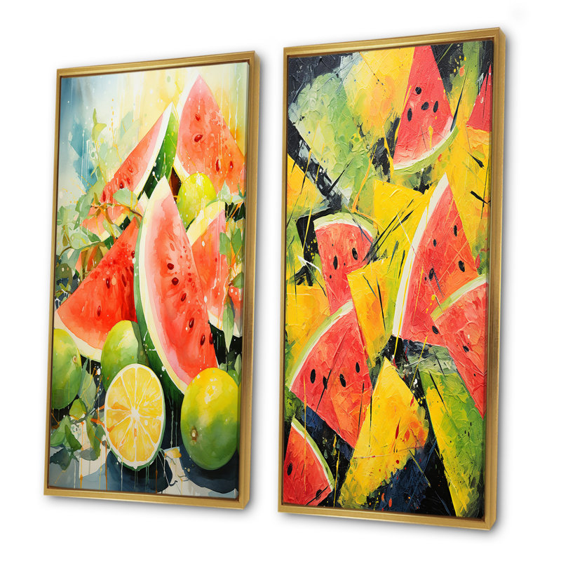 «Red Vibrant Melon Palette I», ensemble d'art mural sur toile Melon, Cadre flottant doré, H 28 po x l 25 po