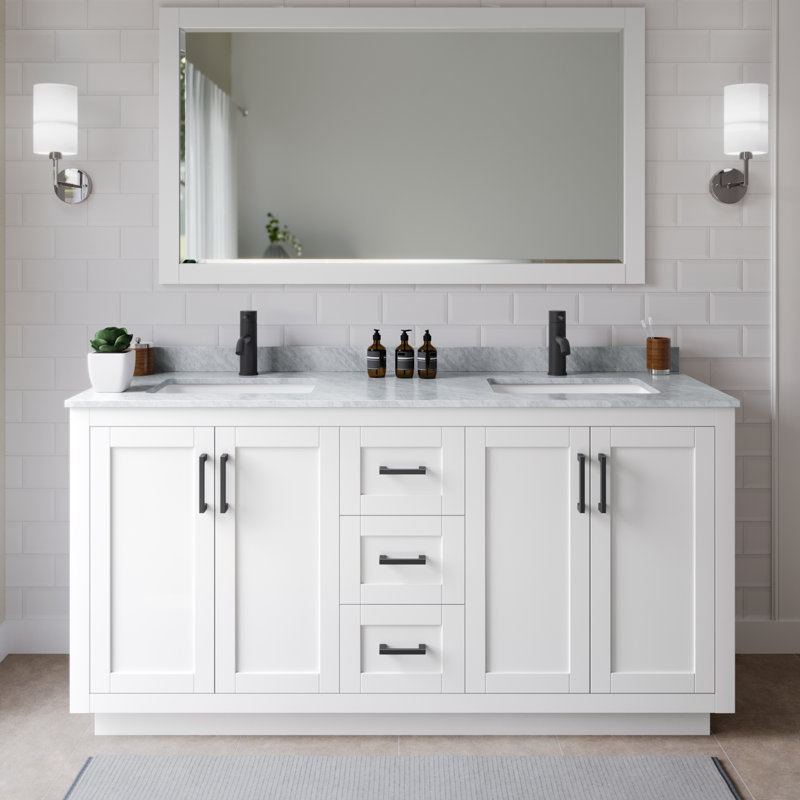 Ensemble de meuble-lavabo double autoportant 66 po avec plateau en marbre Miranda, Noir mat, Blanc