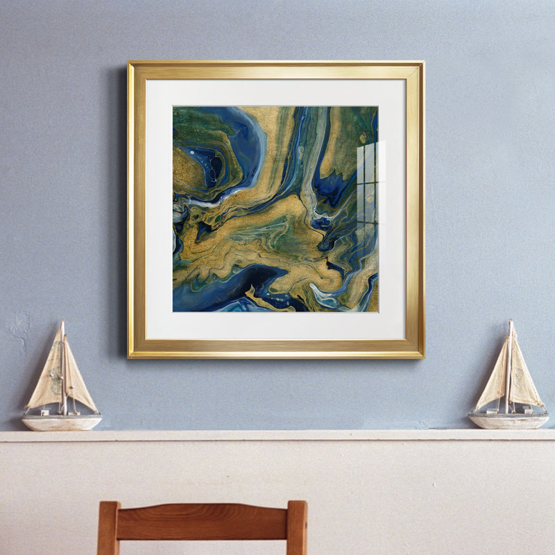 Golden Sea - peinture encadrée, H 17,5 po x l 17,5 po x P 1,5 po, Encadrement doré