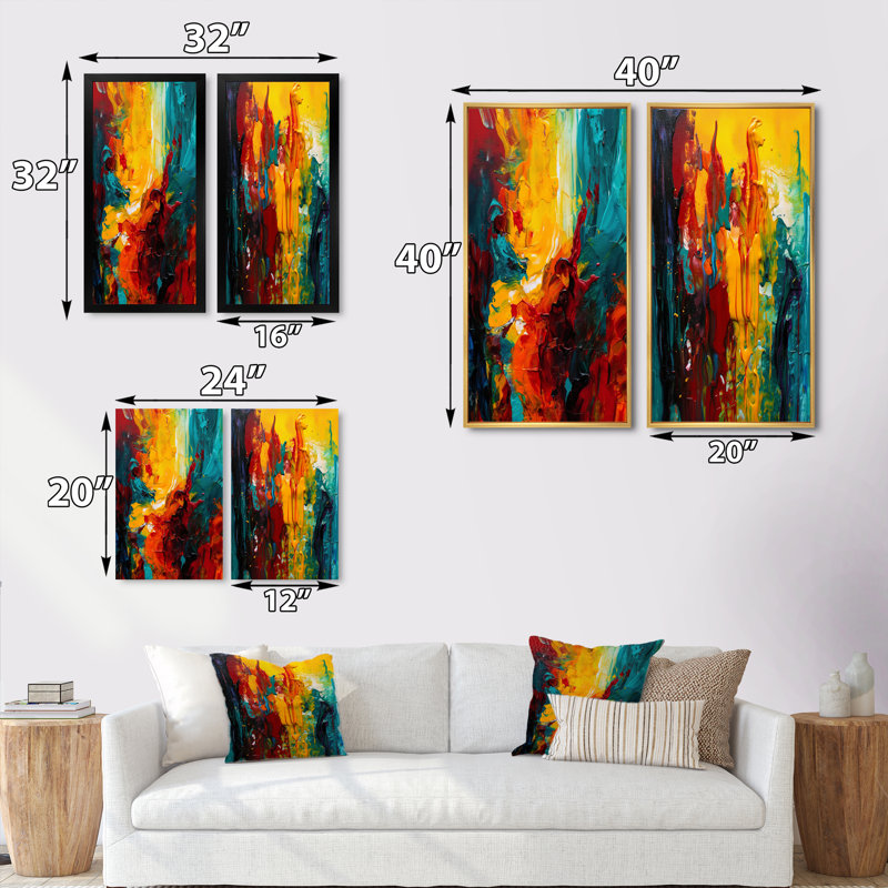 «Yellow and Turquoise Journey Of Abstraction», 2 pièces sur toile, Cadre noir, H 20 po x l 24 po