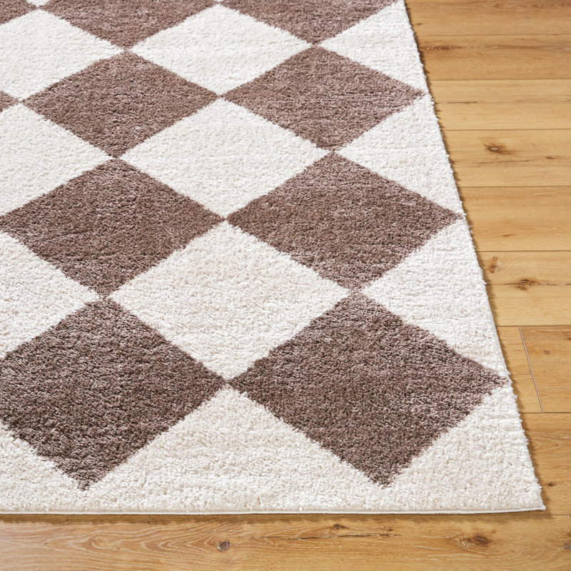 Brown Modern Washable Shaggy Rug, Chequered Anti-Slip Rug For Living Room, Dining Room, Bedroom, Kitchen