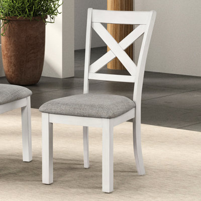 2 chaises de salle à manger à dossier croisé en chêne blanc rustique avec pieds en bloc et siège en tissu pour la décoration de chambre