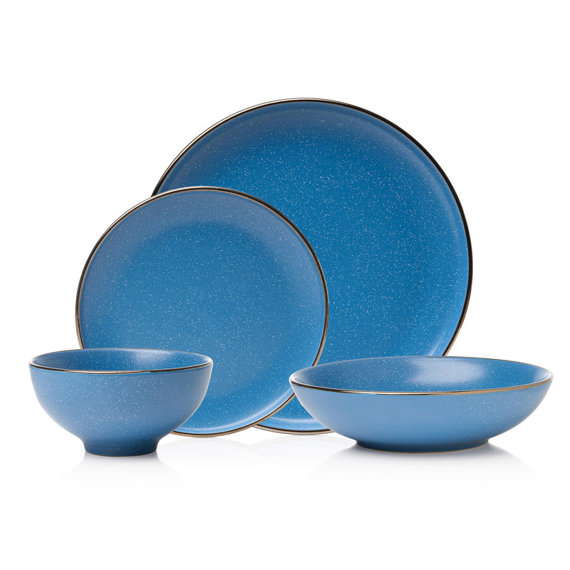 Blue Ceramic Dinnerware Set with Gold Rim, Service for 4