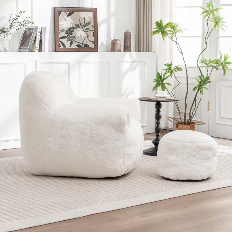 Fauteuil à billes en fausse fourrure avec repose-pieds, Fausse fourrure blanche