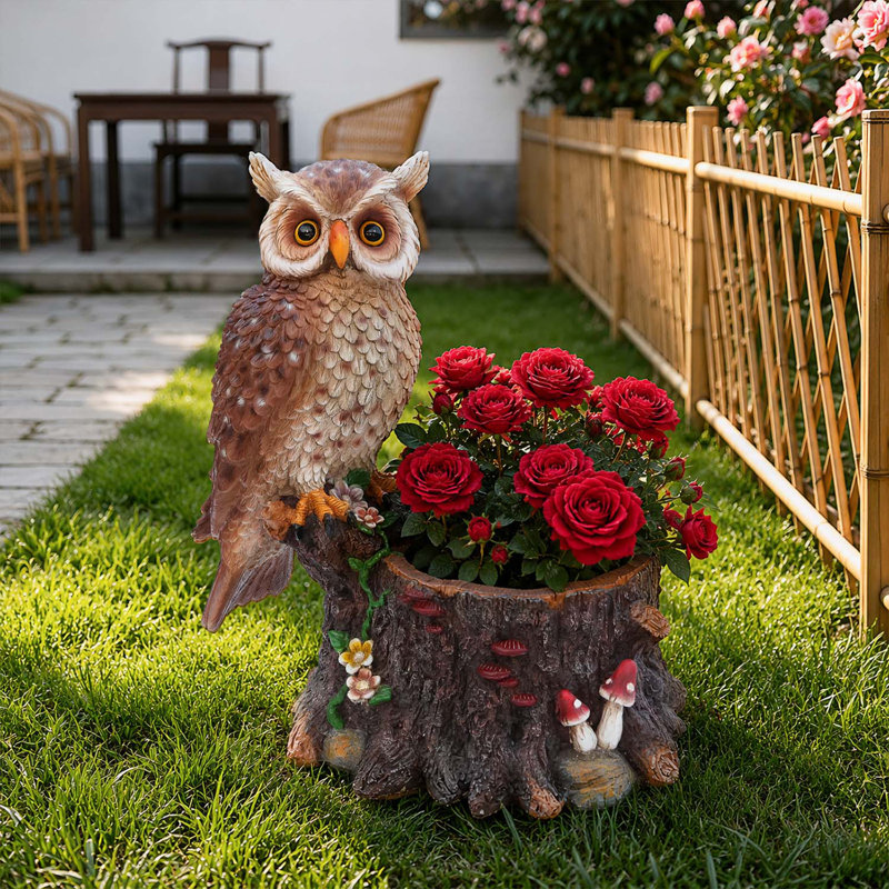 Chouette assise avec tronc d'arbre jardinière - Figurine rustique en polyrésine hibou et pot de fleurs pour décoration intérieure et extérieure