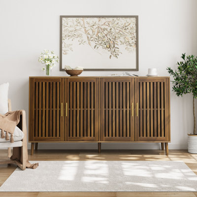63" Walnut Sideboard Buffet Cabinet With Storage ,Grille-Striped 4 Doors Sideboard,Multifunctional Accent Cabinet For Dining Room,Living Room,Entryway by Mercer41