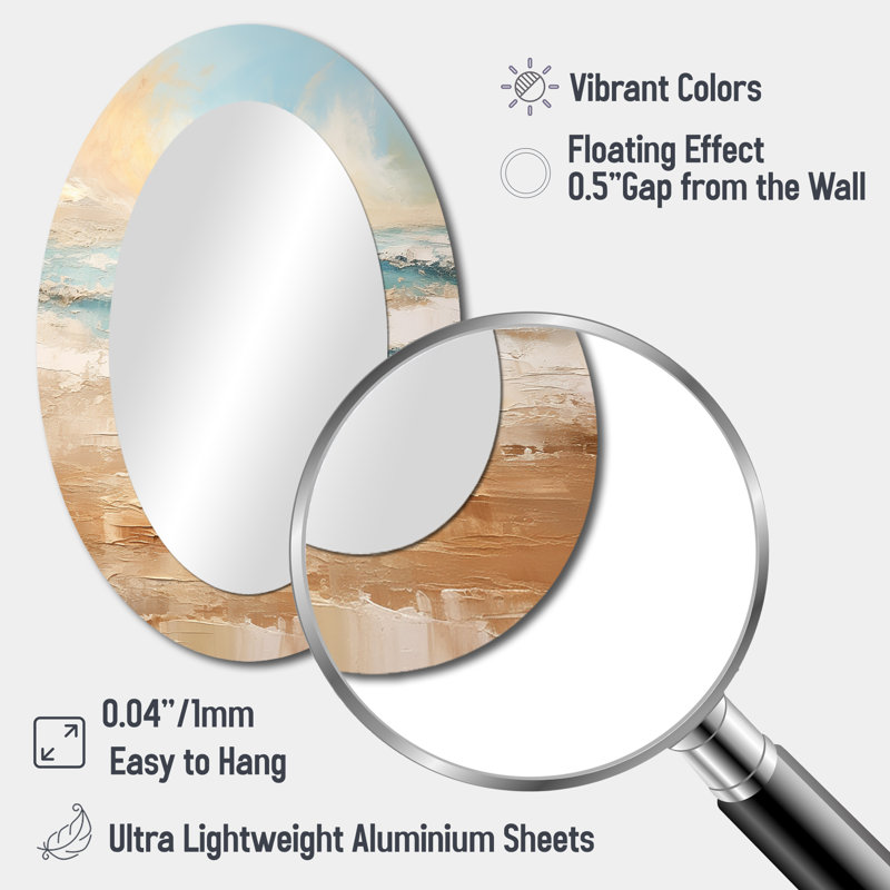 Golden And Blue Beach Tranquility II - Beige Coastal Oval Wall Mirror, 36" x 24"