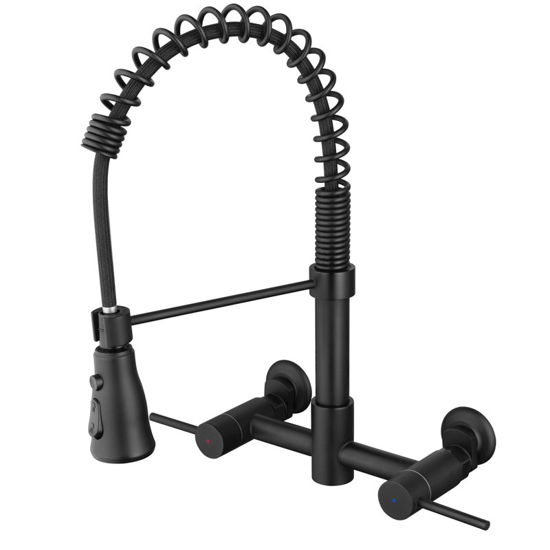 Solid Brass Wall Mount Kitchen Faucet, Wall Mounted Faucet 8 Inches Center Kitchen Sink Faucet with Sprayer, Matte Black