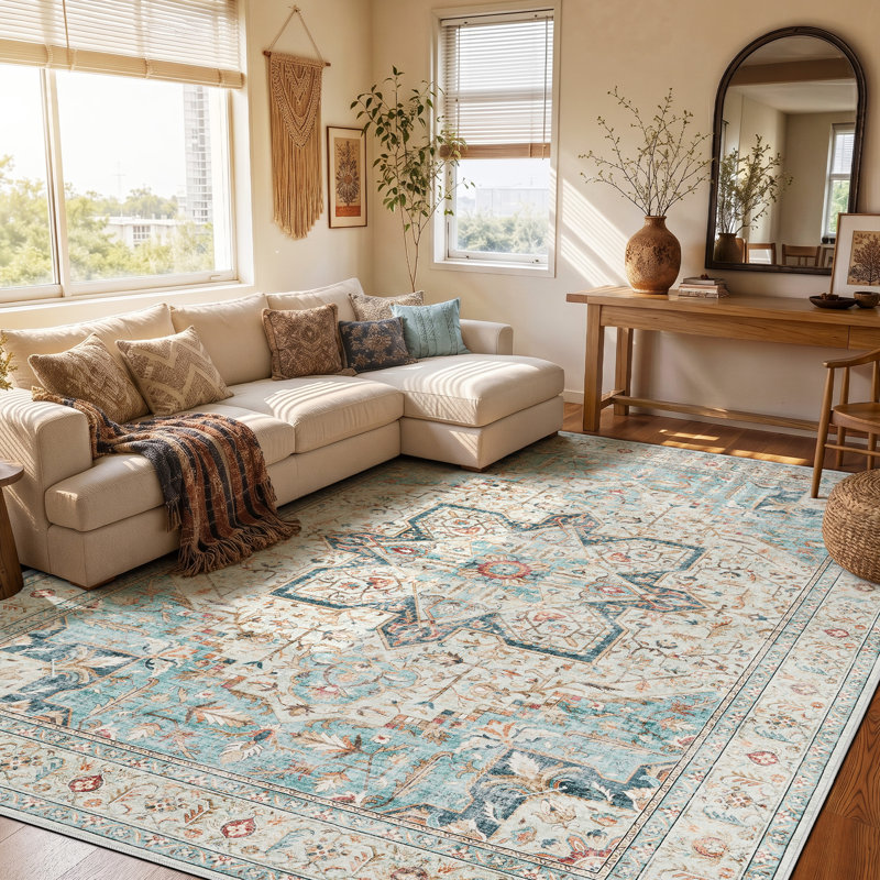 Adona Soft Washable Stain Resistant Vintage Floral Area Rug, Rectangle 10' x 12', Blue