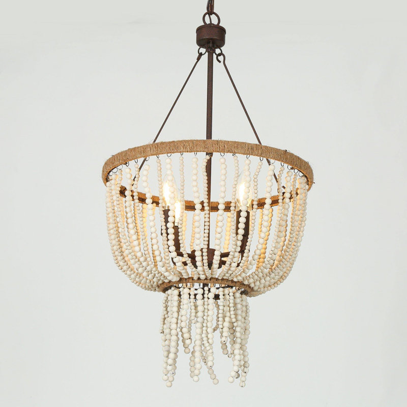 Advith 4-Light Rust and Natural Wood Bead Empire Chandelier, Dimmable, Coastal Style