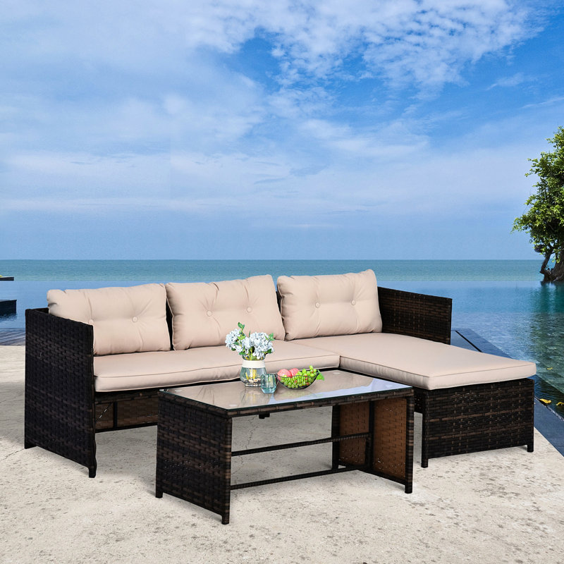 Extérieur 3 pièces - Mobilier de patio avec méridienne et coussins de siège et de dossier doux, table en verre, pièce beige confortable