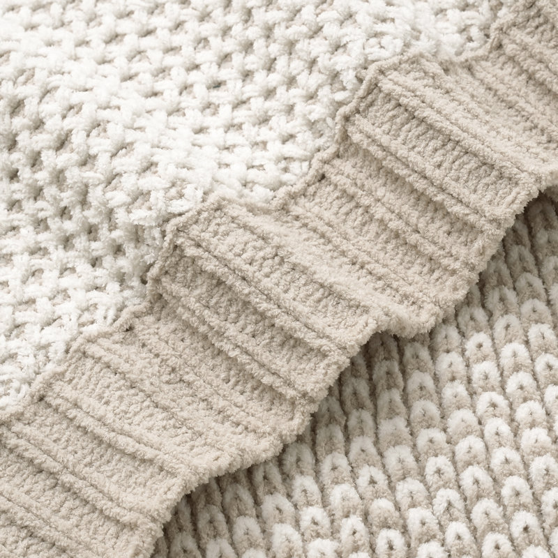 Chenille Honeycomb Knit Throw Blanket, Reversible Cozy Decorative Blanket, Lightweight Soft Warmth, Beige/White
