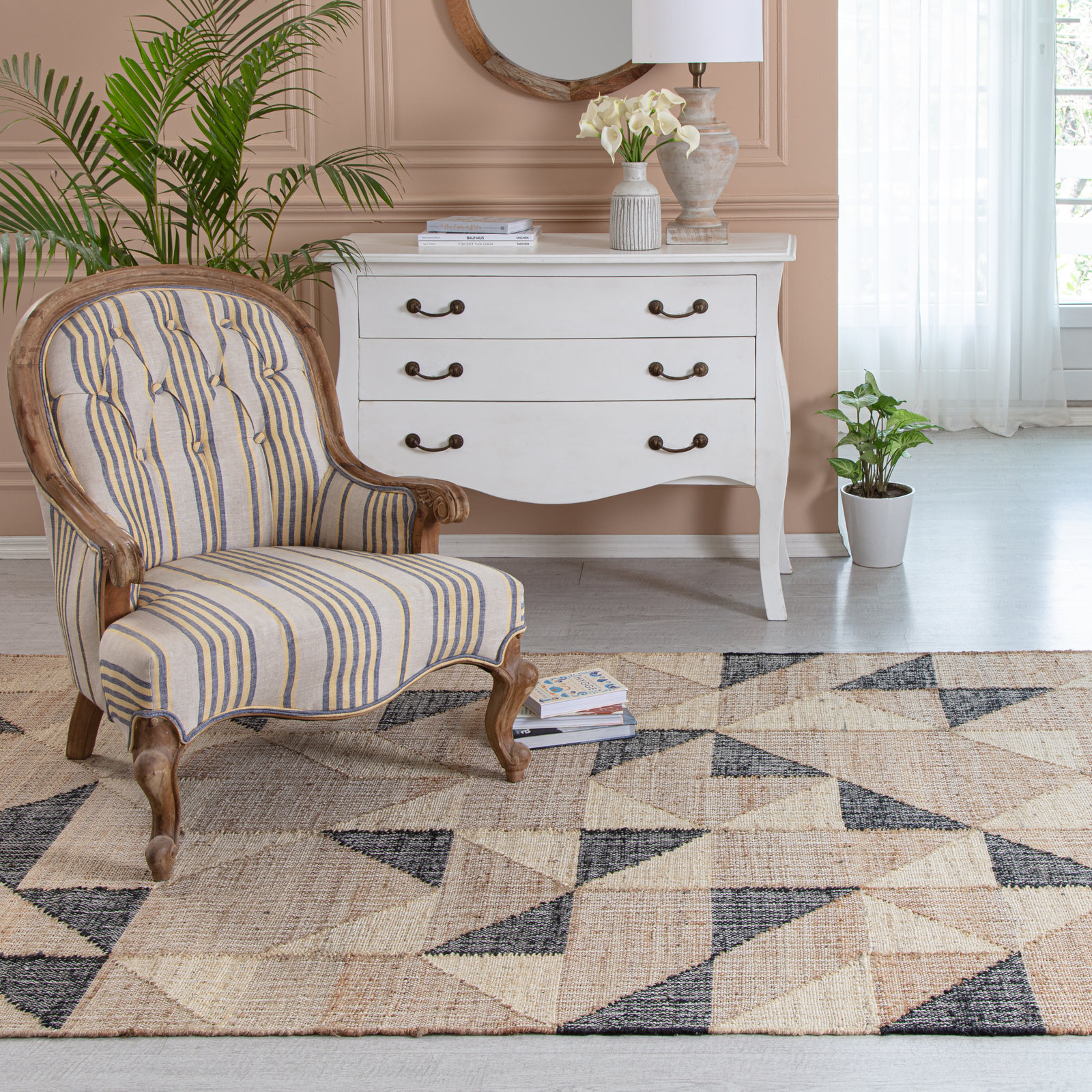 Solene Brown Charcoal Geometric Jute Rug, Rectangle 4' x 6'